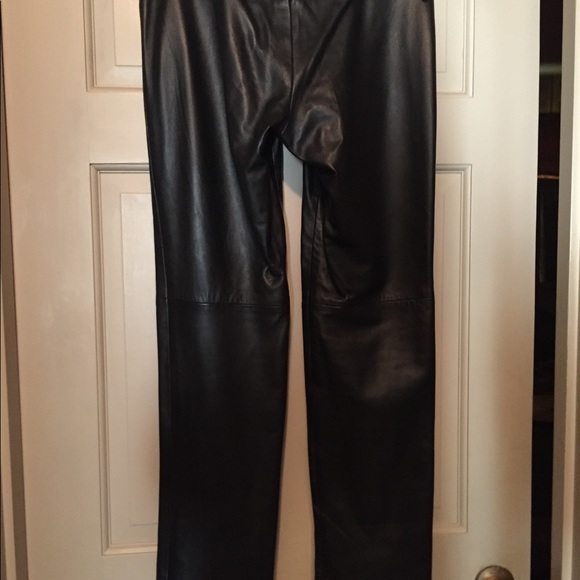 Black leather straight leg pants
